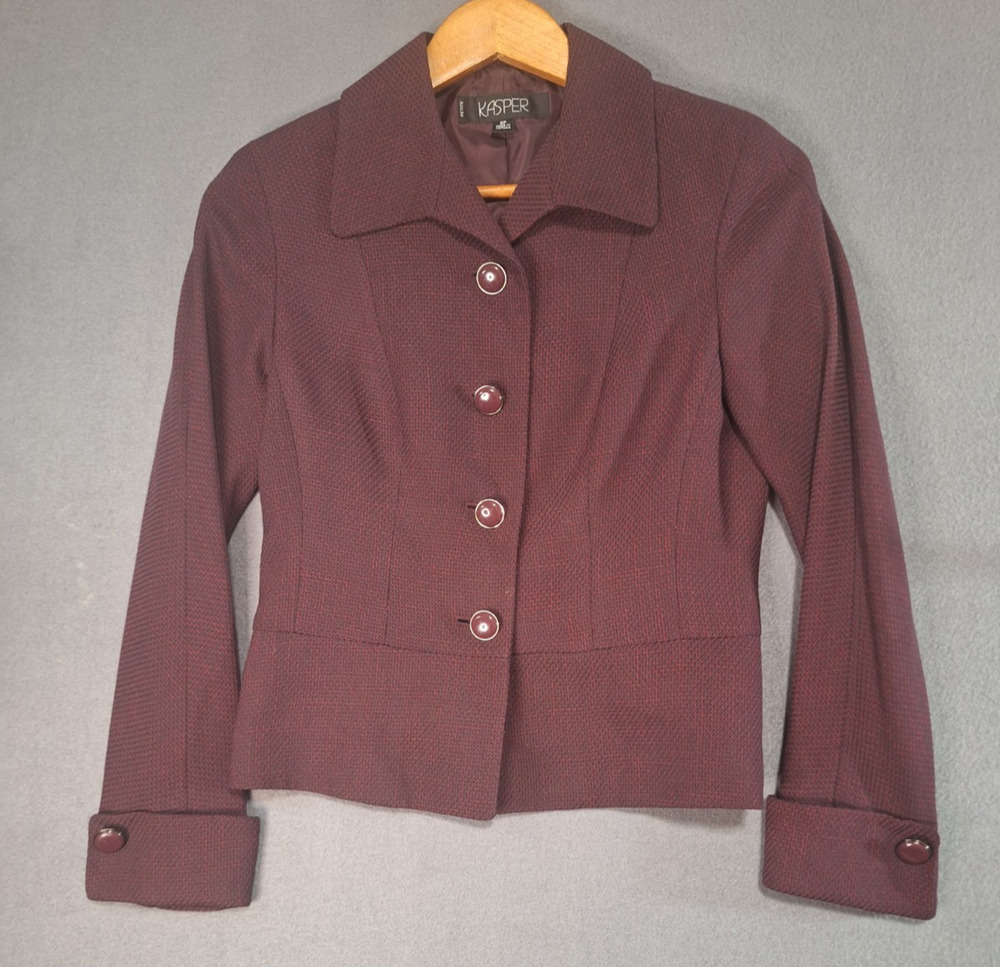 Kasper Wine Burgundy Textured Blazer Womens 14P 100% Polyester Woven Jacket